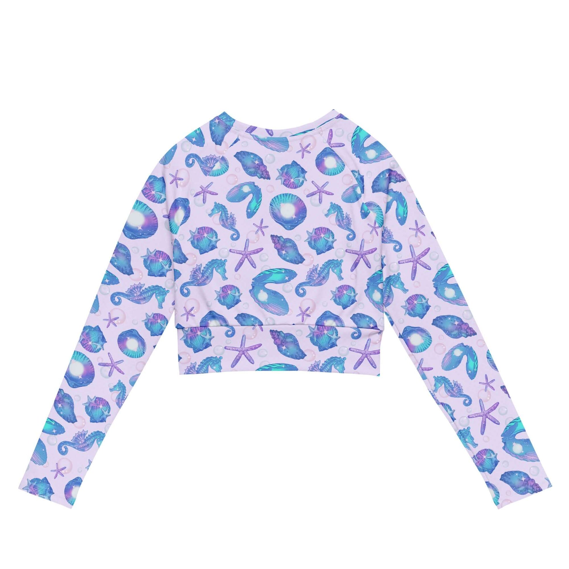 Stylish Sea Princess Long-sleeved Crop Top featuring vibrant ocean-themed prints, perfect for eco-friendly athleisure.