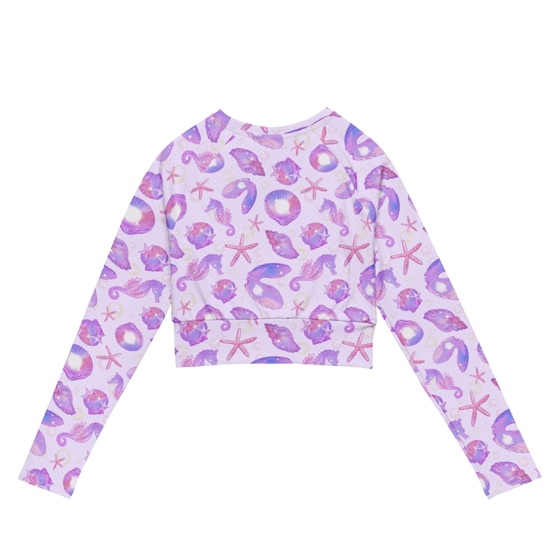 Eco-friendly Sea Princess Long-sleeved Crop Top, perfect for swimming or athleisure with a stylish shell print.