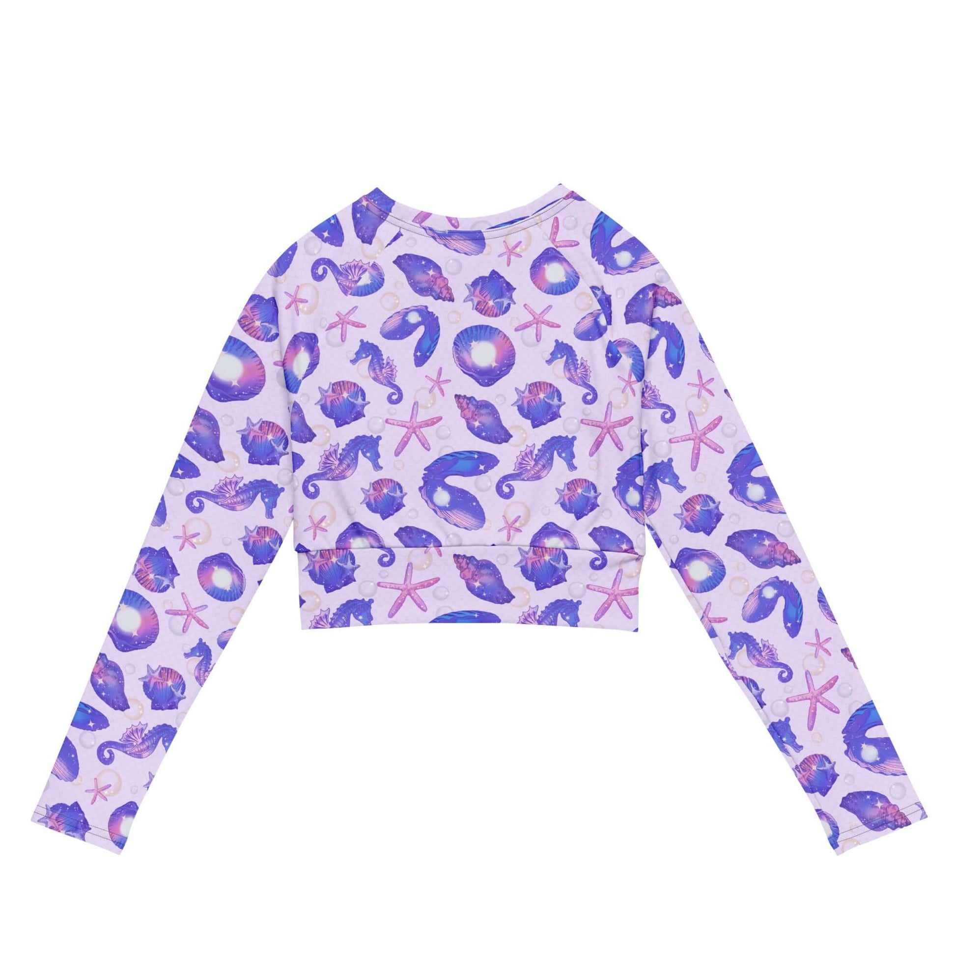 Stylish Sea Princess Long-sleeved Crop Top featuring eco-friendly fabric and vibrant ocean-themed design for active wear.