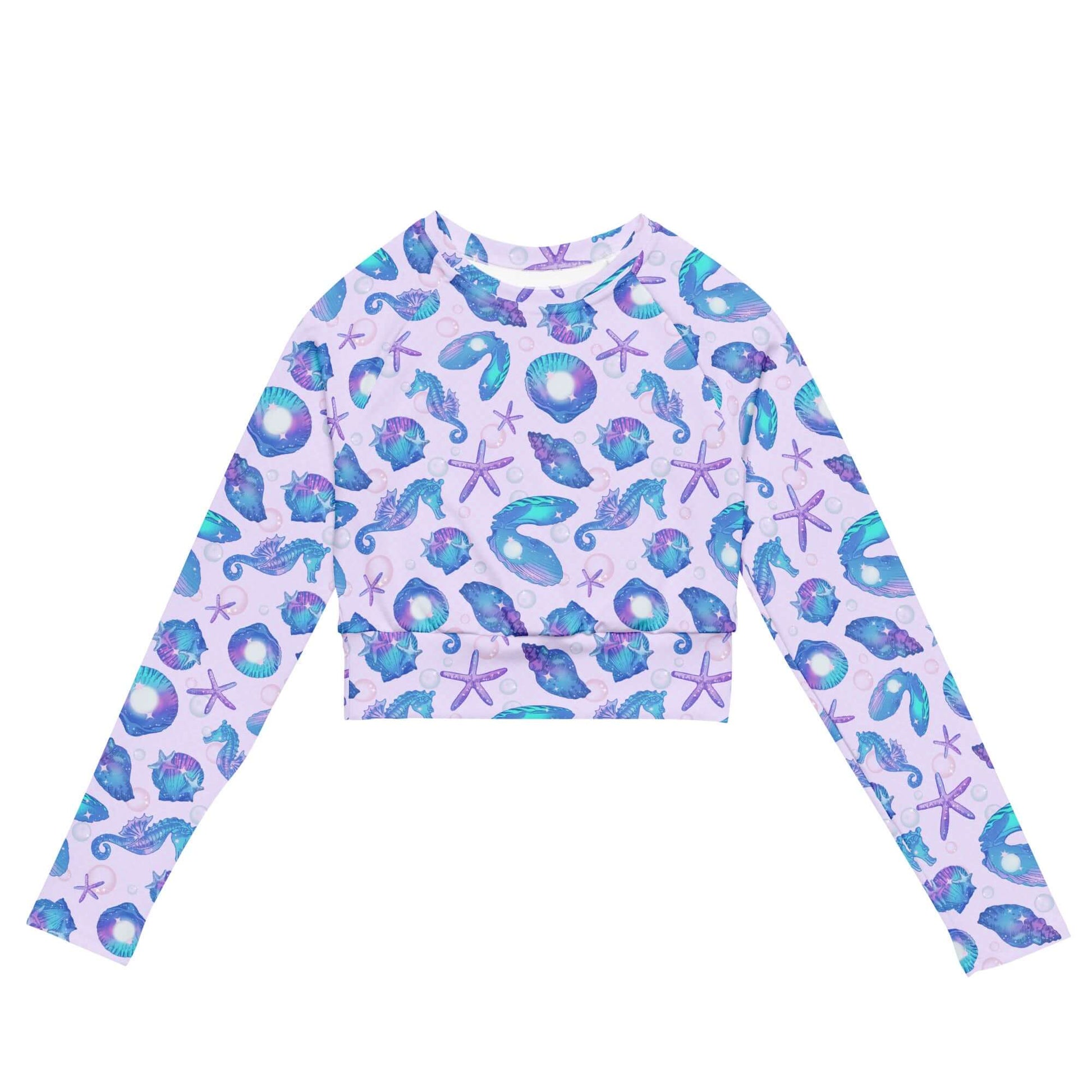 Sea Princess Long-sleeved Crop Top features a vibrant seashell design, perfect for eco-friendly athleisure and swimming.