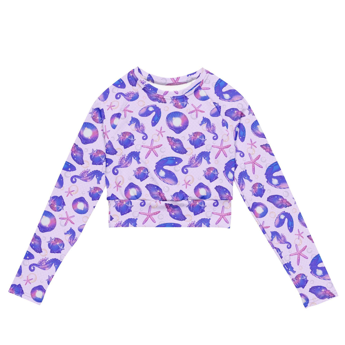 Sea Princess Long-sleeved Crop Top features a colorful sea life design, perfect for eco-friendly athleisure wear.