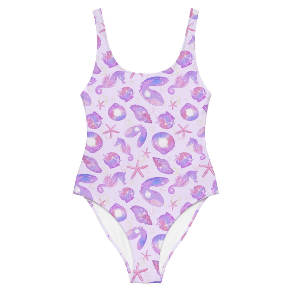 Explore the stylish Sea Princess One-Piece Swimsuit with a lovely seashell and starfish pattern, perfect for mermaid vibes.