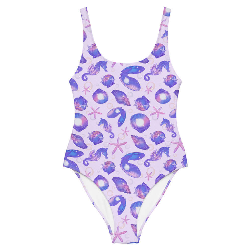Stylish Sea Princess One-Piece Swimsuit features vibrant seashell and starfish patterns, perfect for mermaid vibes.