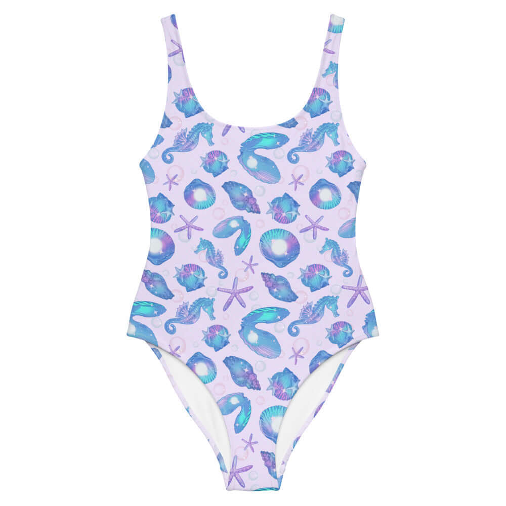 Stylish Sea Princess One-Piece Swimsuit featuring vibrant seashells and star patterns, perfect for mermaid vibes.
