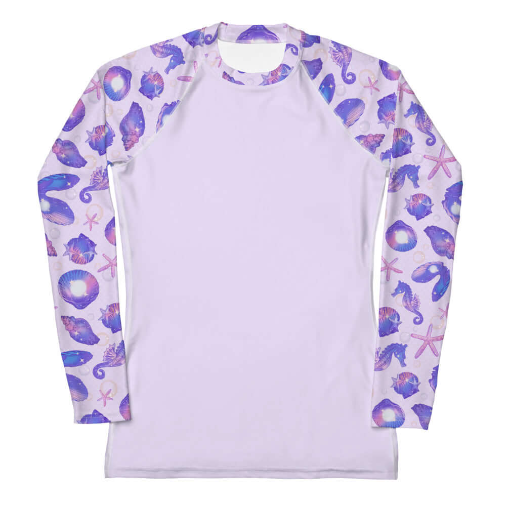 Stylish Sea Princess Rash Guard features vibrant shell prints, perfect for sun protection during active sports.
