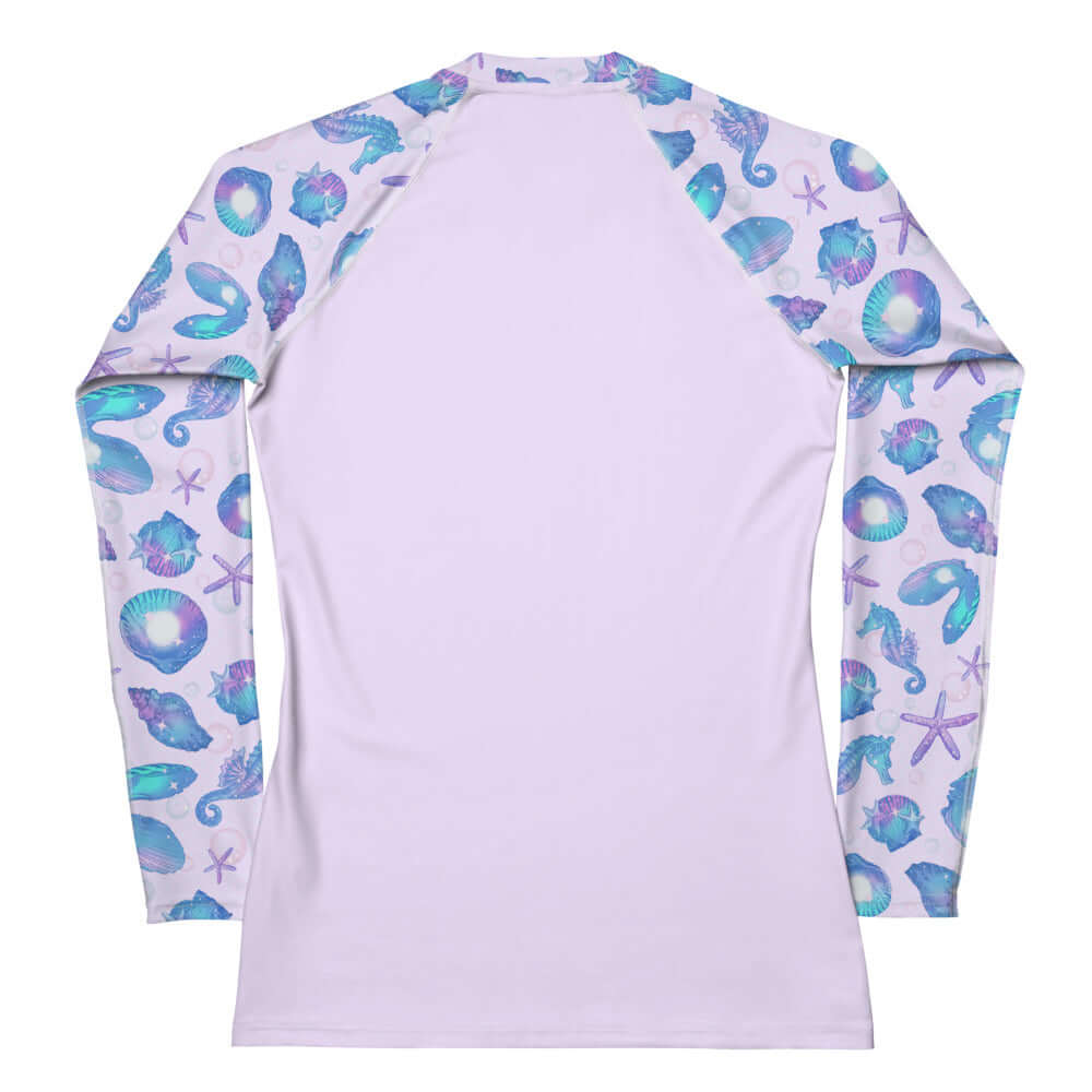 Versatile Sea Princess Rash Guard features a colorful seashell design, perfect for active outdoor adventures.