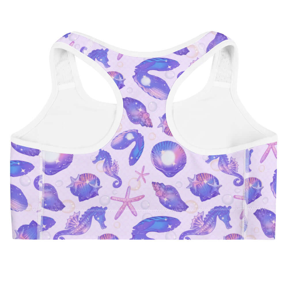 Stylish Sea Princess Sports bra featuring a vibrant sea creature design, perfect for workouts and staying dry.