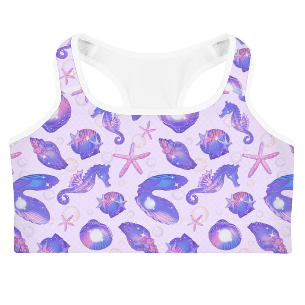 Stylish Sea Princess Sports bra featuring marine motifs, perfect for wicking sweat during workouts and seaside adventures.