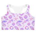 Stylish Sea Princess Sports bra featuring a vibrant seashell design, perfect for workouts and keeping you comfortable.