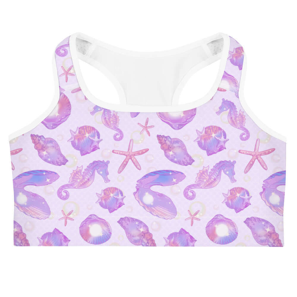 Stylish Sea Princess Sports bra featuring a vibrant seashell design, perfect for workouts and keeping you comfortable.