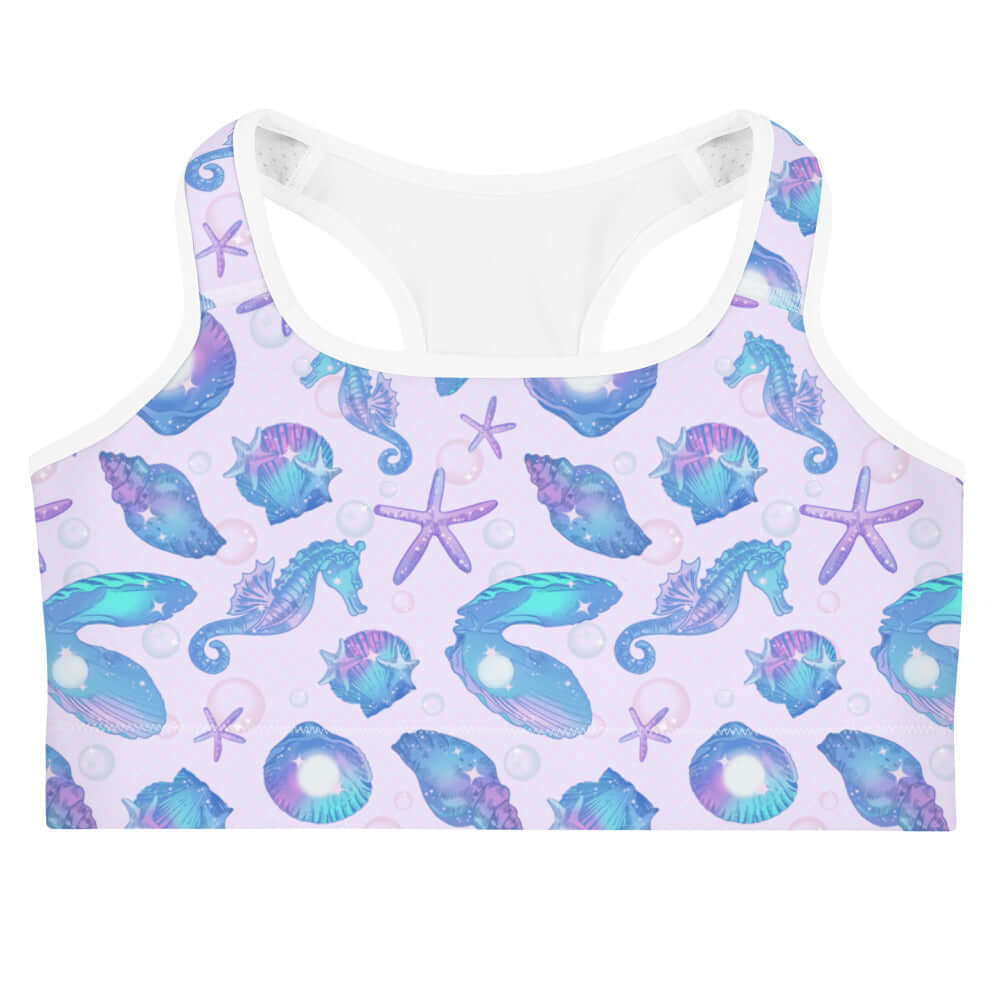 Stylish Sea Princess Sports bra features a vibrant ocean-inspired design, perfect for workouts and staying dry.