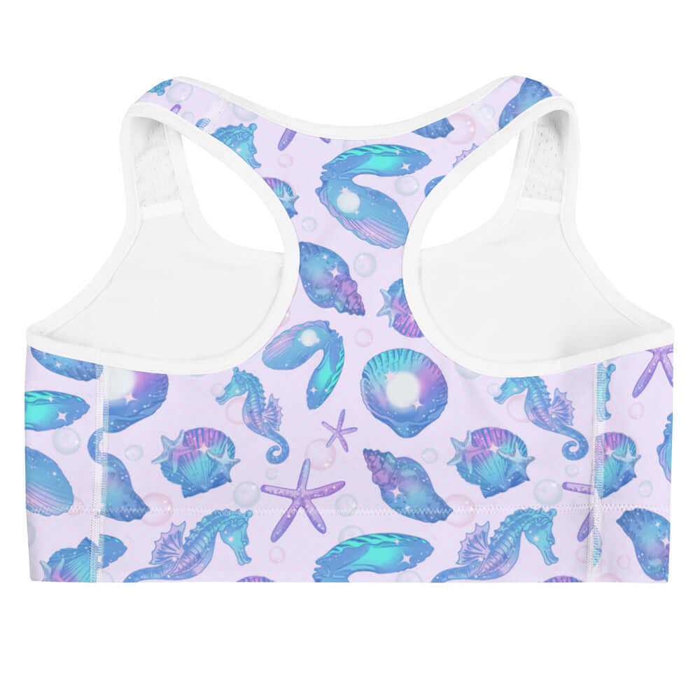 Stylish Sea Princess Sports bra featuring a vibrant seashell design, perfect for dry and comfortable workouts at sea.