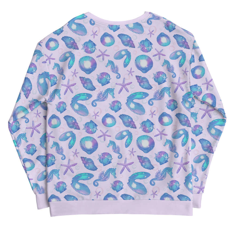 All-over print Sea Princess Sweatshirt featuring vibrant seashells and seahorses, perfect for mermaid-inspired style.