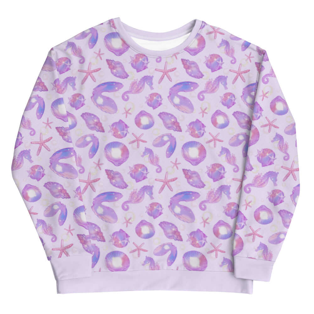 Captivating Sea Princess Sweatshirt featuring colorful seashells and starfish, perfect for a mermaid-inspired look.