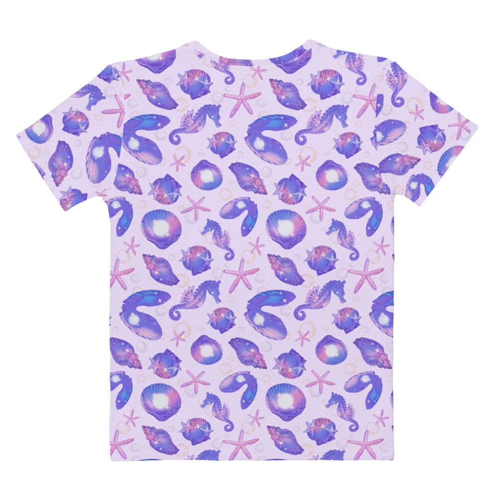 Sea Princess T-shirt features a vibrant seashell and starfish pattern, perfect for mermaid vibes and comfort.