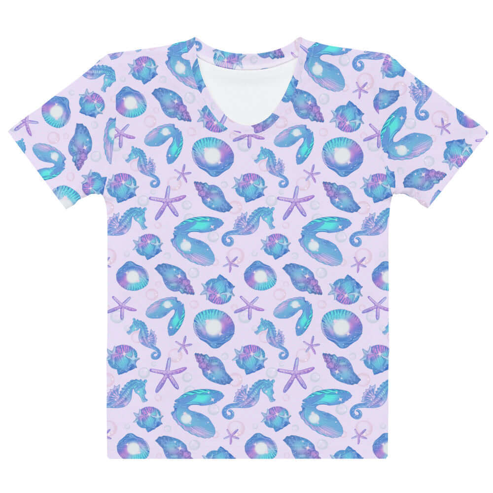 Bright and colorful Sea Princess T-shirt featuring seashells and stars, perfect for a mermaid-inspired look.