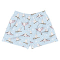 Snow Bird Athletic Short Shorts in soft blue with cute bird print, perfect for running or relaxing at Koibito Clothing.