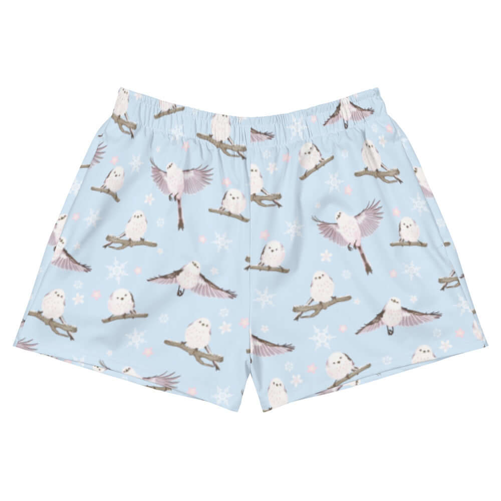 Snow Bird Athletic Short Shorts feature a whimsical bird print, perfect for running or lounging from Koibito Clothing.