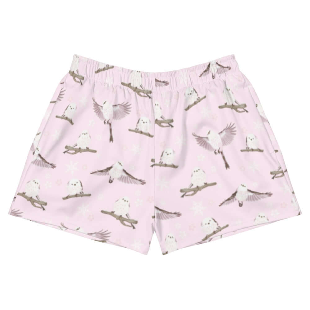 Comfortable Snow Bird Athletic Short Shorts with a cute bird print, perfect for running or relaxing at Koibito Clothing.