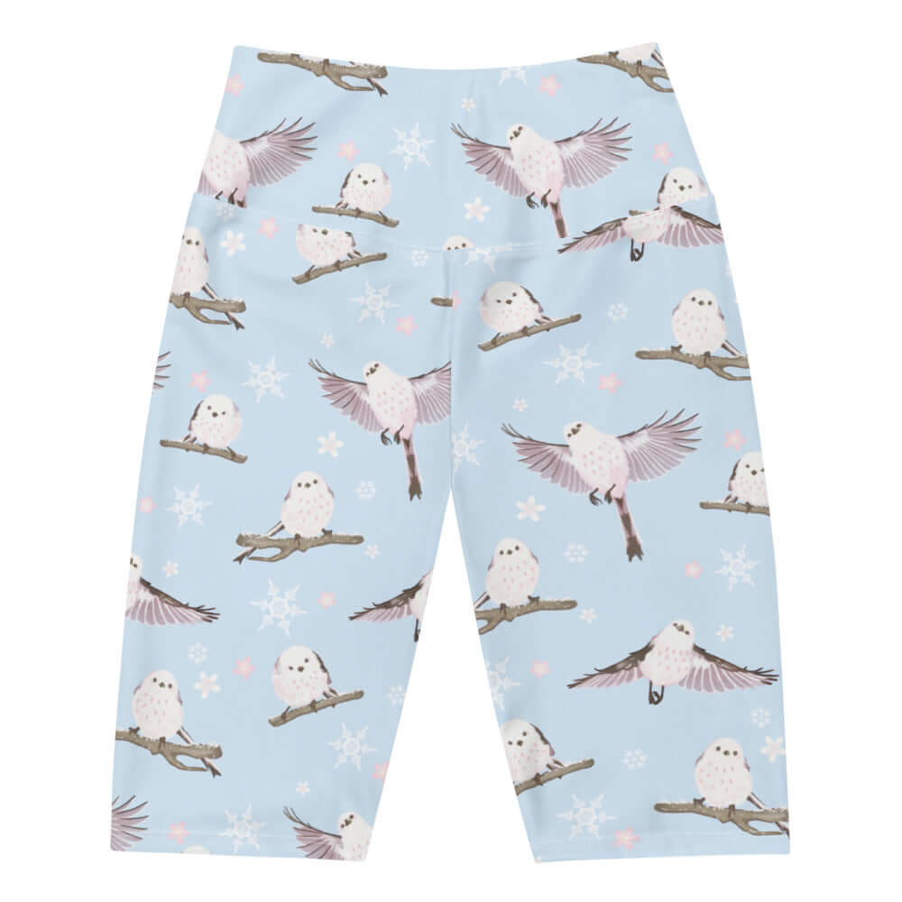 Snow Bird Biker Shorts feature a charming bird print, perfect for running or relaxing at Koibito Clothing.