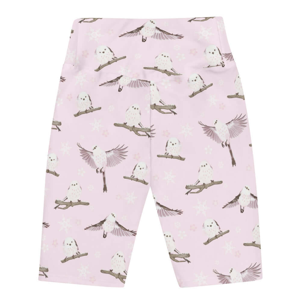 Snow Bird Biker Shorts with cute bird patterns, perfect for running or relaxing, available at Koibito Clothing.