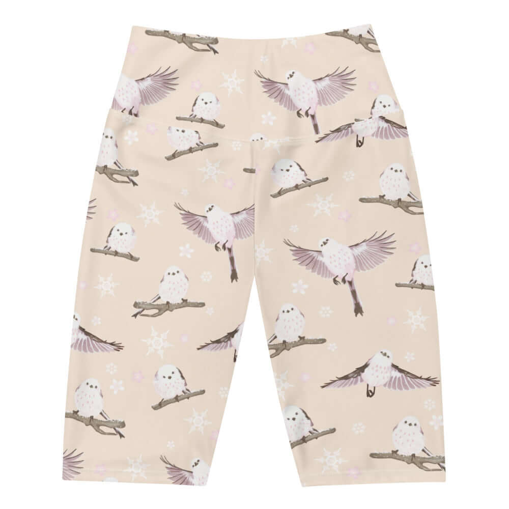 Comfortable and stylish Snow Bird Biker Shorts featuring adorable bird patterns, perfect for running or relaxing.