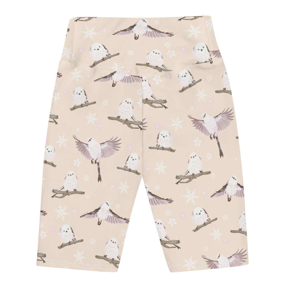 Comfortable Snow Bird Biker Shorts featuring a cute bird print, perfect for running or relaxing at Koibito Clothing.