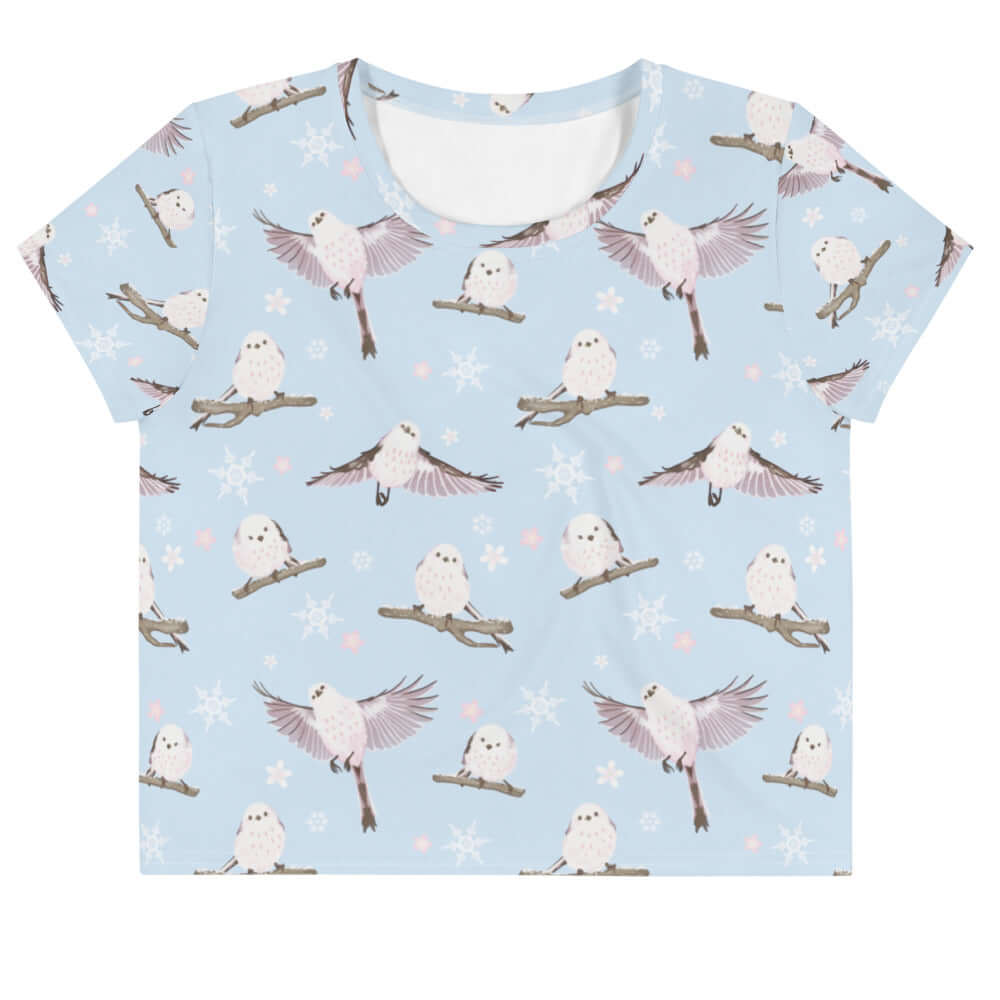 Cute and cozy Snow Bird Crop Top featuring adorable birds on a light blue background, perfect for holiday vibes.