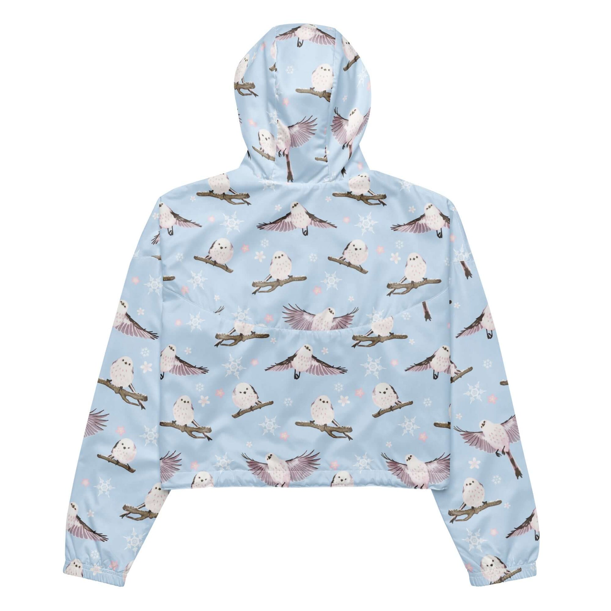 Lightweight and stylish, the Snow Bird cropped windbreaker features a unique bird print, perfect for outdoor adventures.