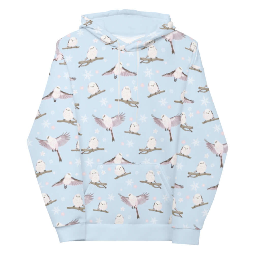 Cozy up in the Snow Bird Hoodie featuring cute birds and a vibrant winter print, perfect for holiday warmth.