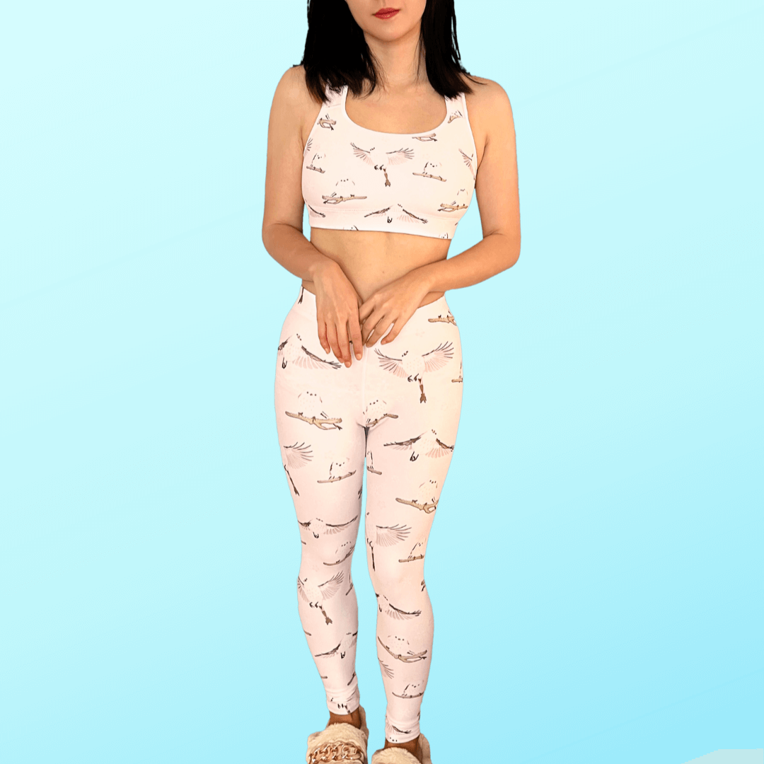 Stylish Snow Bird Leggings featuring a pastel print, perfect for cozy winter wear at any occasion.