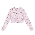 Stylish Snow Bird Long-sleeved Crop Top in pink with bird prints, perfect for eco-friendly athleisure outfits.