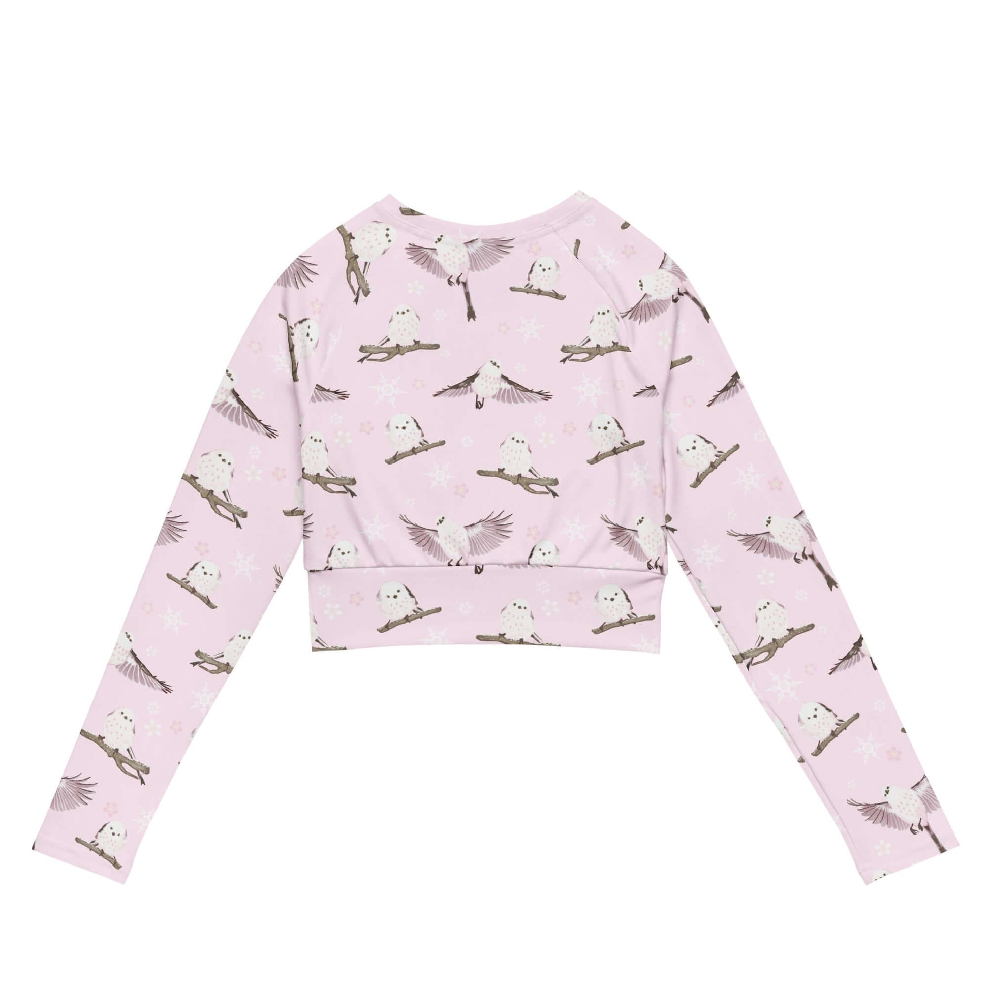 Stylish Snow Bird Long-sleeved Crop Top in pink with bird prints, perfect for eco-friendly athleisure outfits.