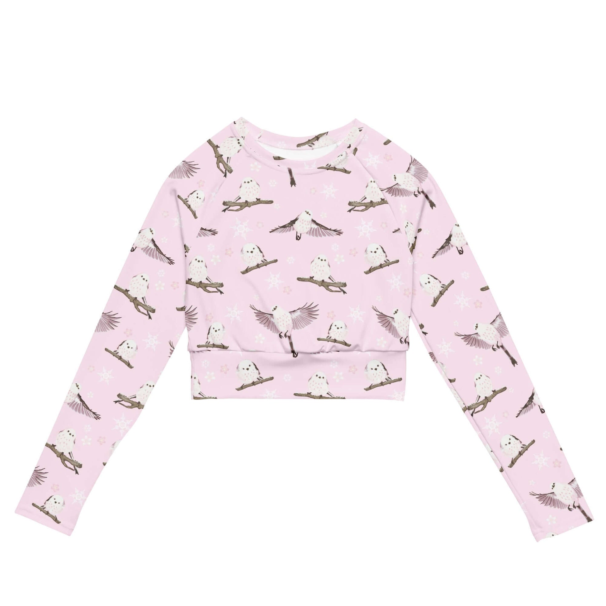 Snow Bird Long-sleeved Crop Top featuring a playful bird print, perfect for eco-friendly athleisure by [Brand Name].