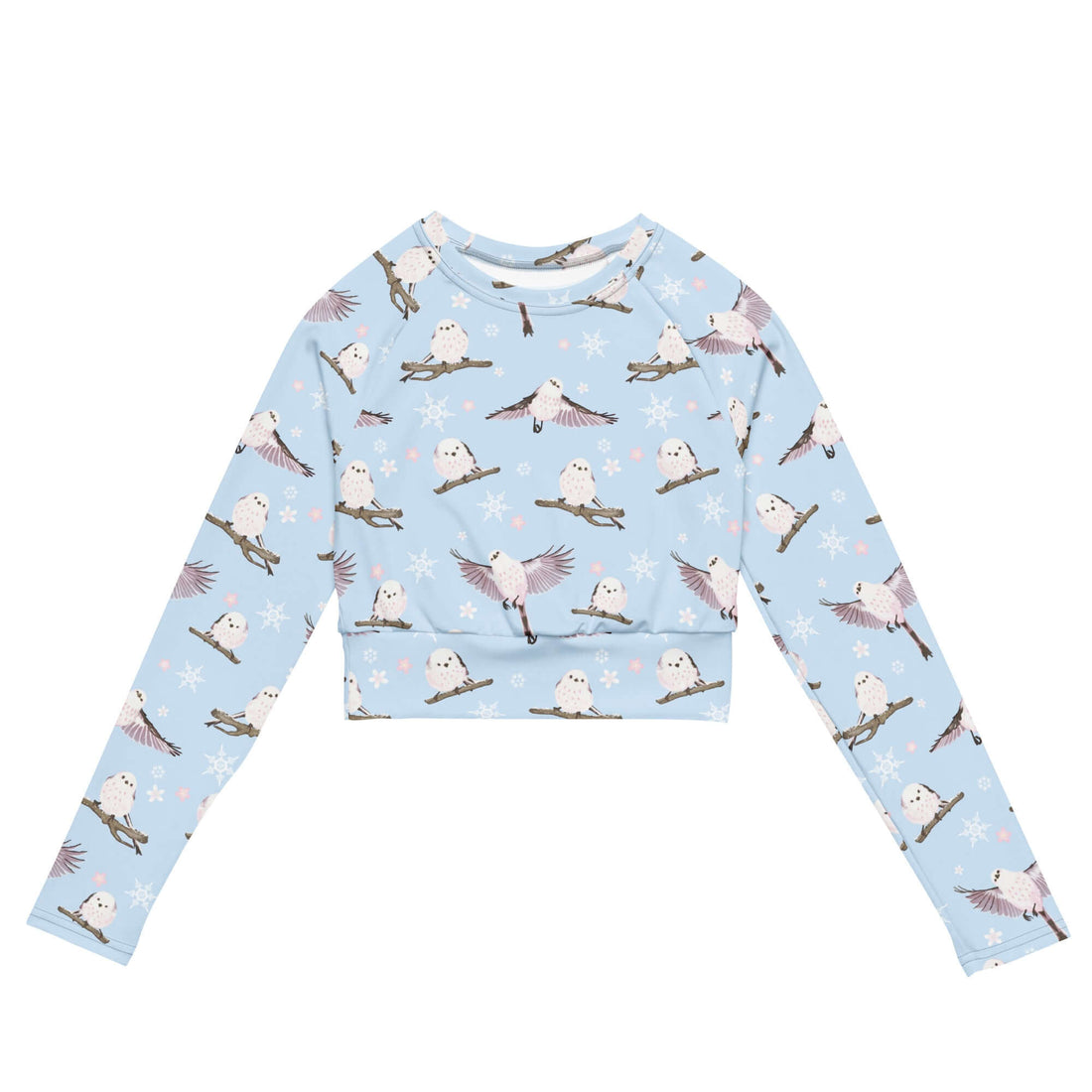 Stylish Snow Bird Long-sleeved Crop Top made from recycled materials, perfect for sports or casual wear.