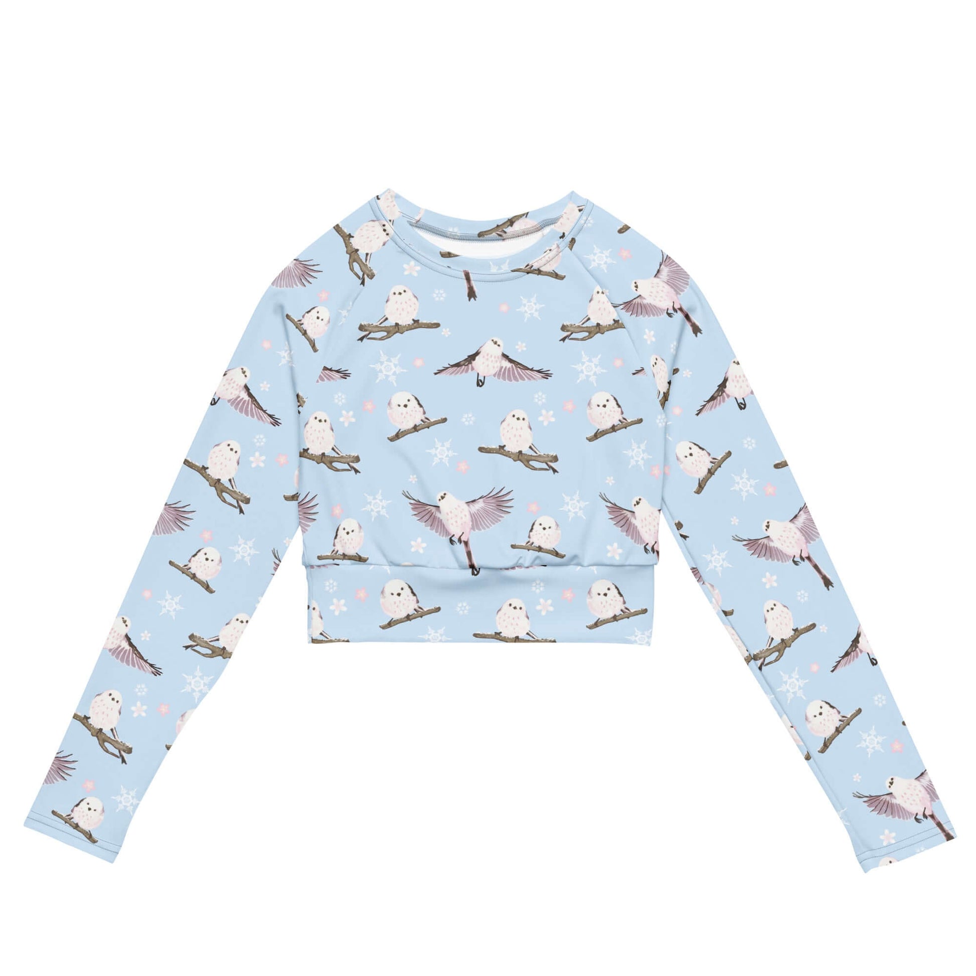 Stylish Snow Bird Long-sleeved Crop Top made from recycled materials, perfect for sports or casual wear.
