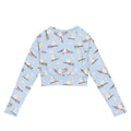 Snow Bird Long-sleeved Crop Top features a playful bird pattern, ideal for eco-friendly athleisure and sportswear.