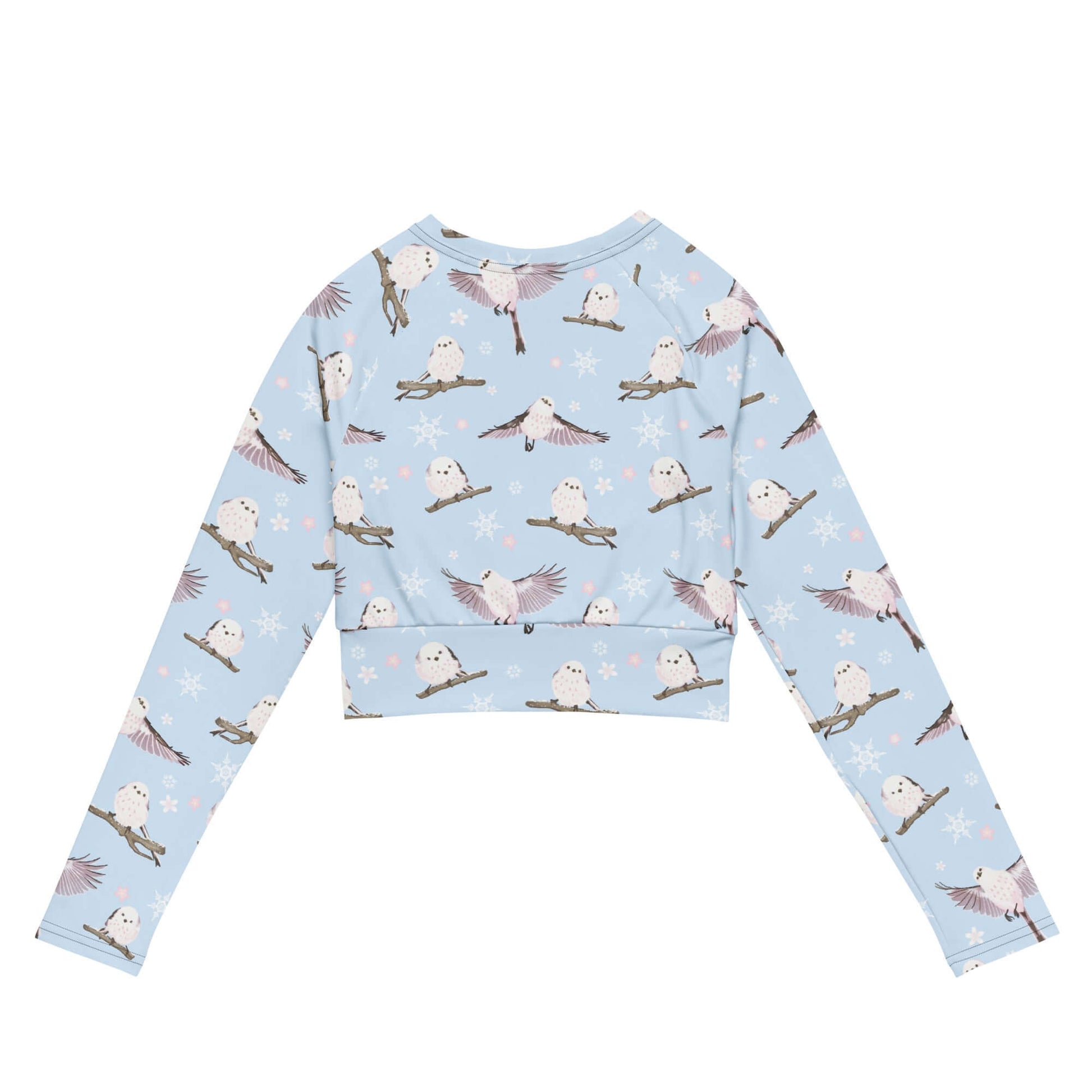 Snow Bird Long-sleeved Crop Top features a playful bird pattern, ideal for eco-friendly athleisure and sportswear.