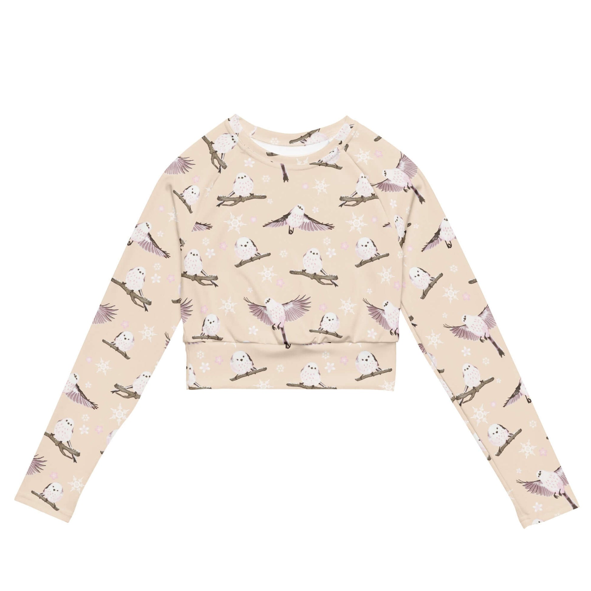 Snow Bird Long-sleeved Crop Top features an eco-friendly design with a cute bird print, perfect for athleisure and sports.