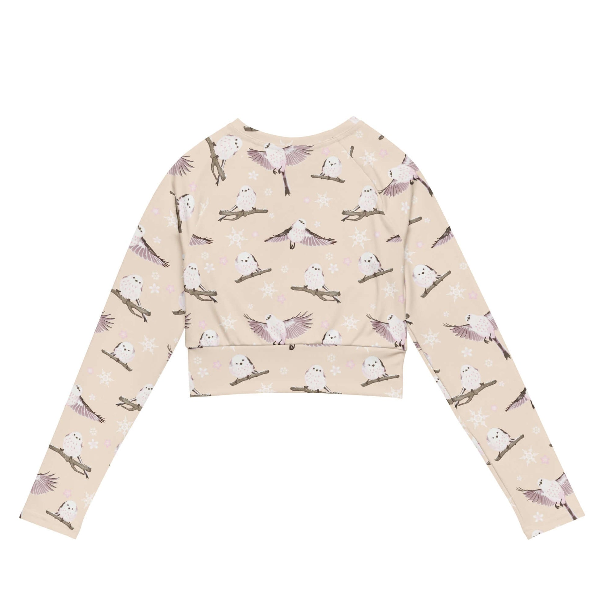 Stylish Snow Bird Long-sleeved Crop Top in eco-friendly fabric, perfect for athleisure and activewear.