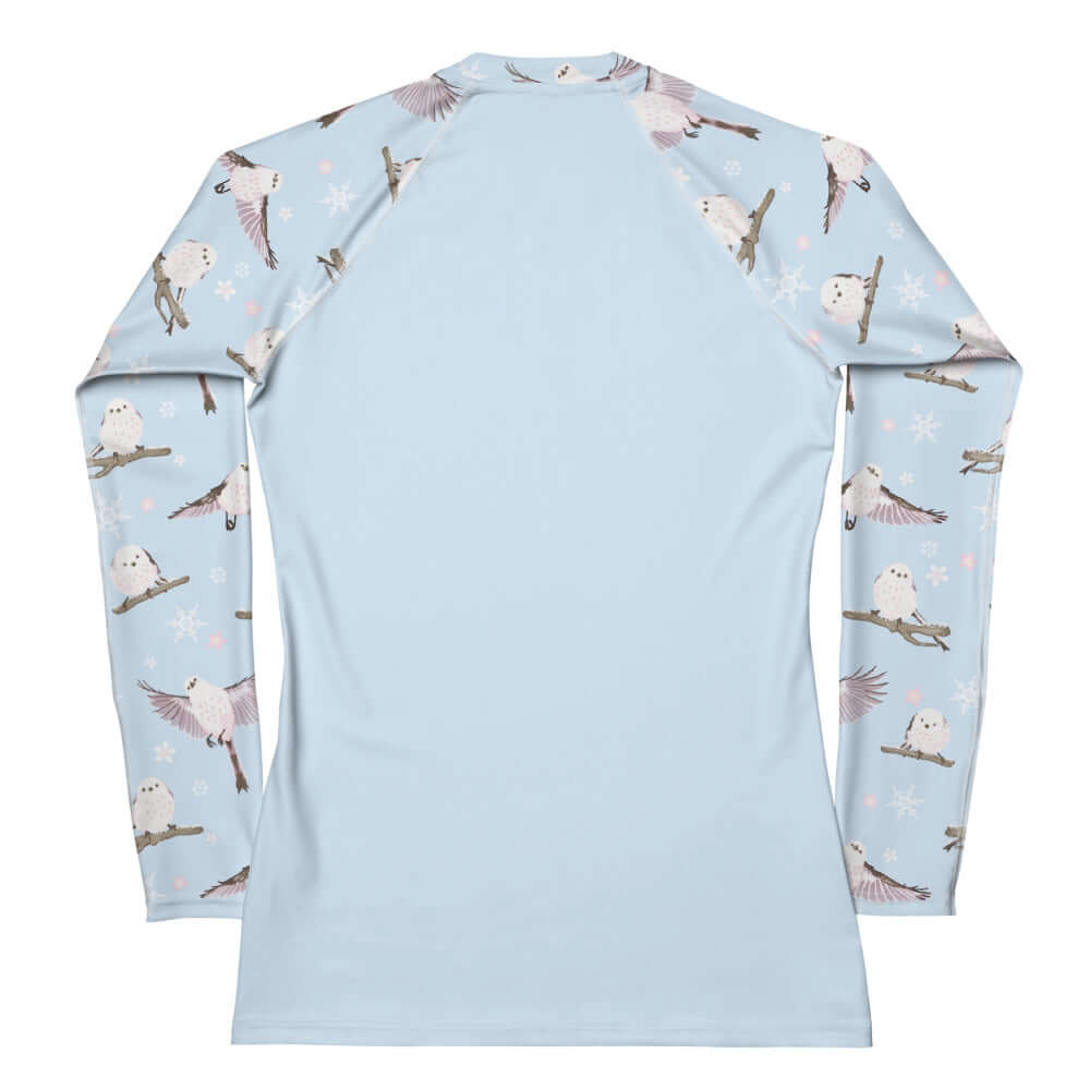 Stylish Snow Bird Rash Guard for active wear, featuring a comfortable long-sleeve design and whimsical bird prints.