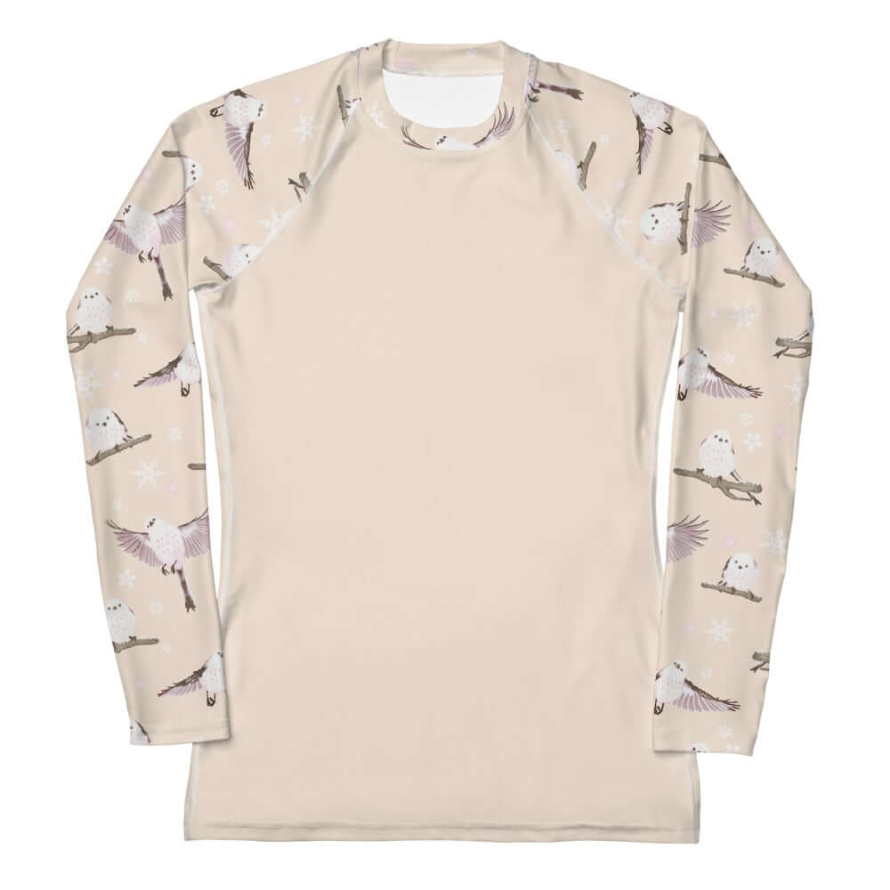 Explore the Snow Bird Rash Guard, a stylish long-sleeve top for active sports and sun protection. Perfect comfort!