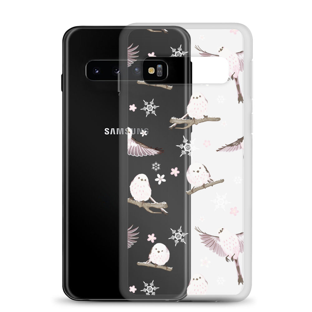 Snow Bird Samsung® Clear Case featuring cute pastel birds, perfect for winter gatherings and stylish protection.