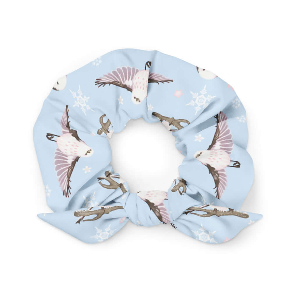 Bright and festive Snow Bird Scrunchie featuring charming bird and snowflake designs, perfect for any outfit.