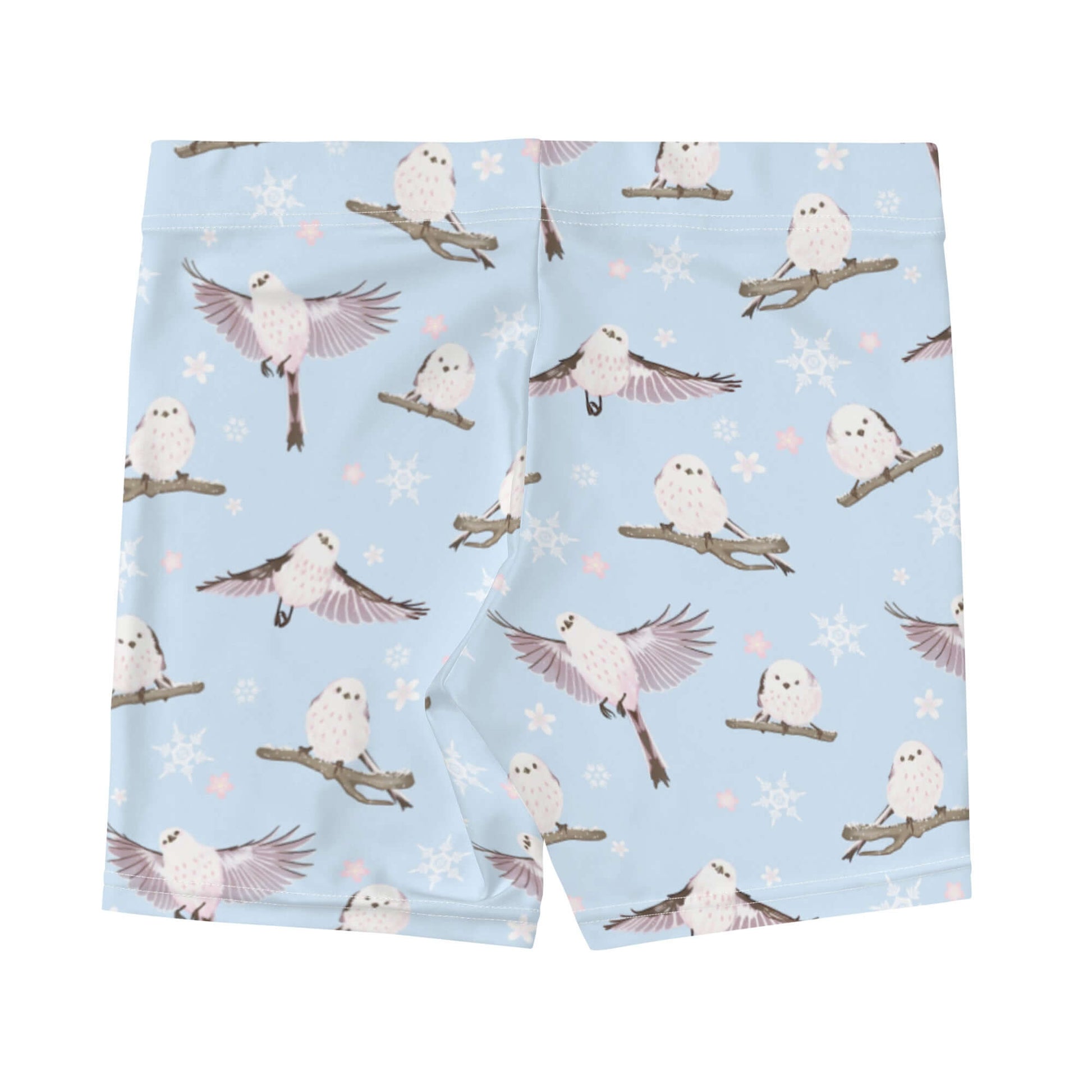 Comfortable Snow Bird Shorts with a playful bird print, perfect for running or relaxing at Koibito Clothing.