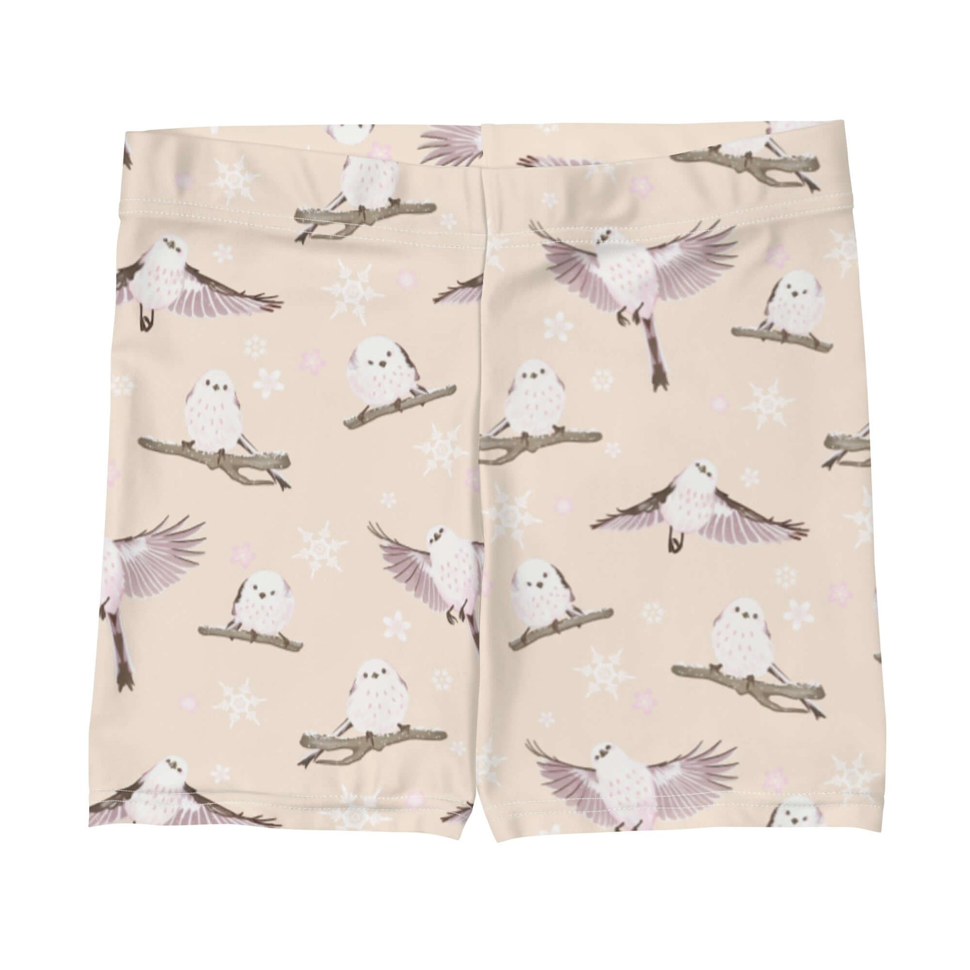 Snow Bird Shorts feature a whimsical bird print, perfect for comfort at home or on the go. Available at Koibito Clothing.