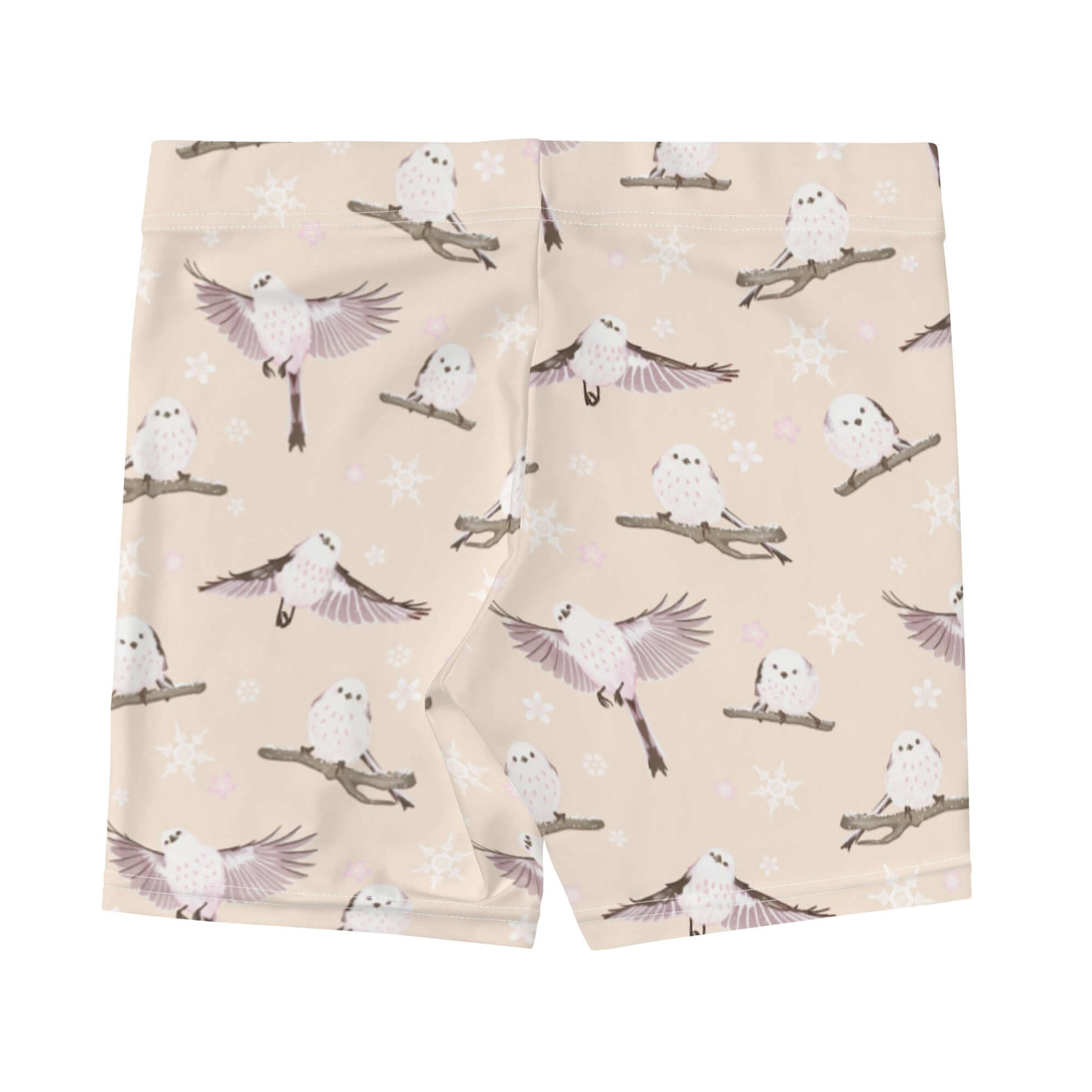 Cute Snow Bird Shorts featuring a playful bird pattern, perfect for running or relaxing at Koibito Clothing.