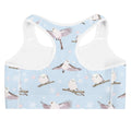 Stylish Snow Bird sports bra featuring a whimsical bird print, perfect for cute and functional gym wear.