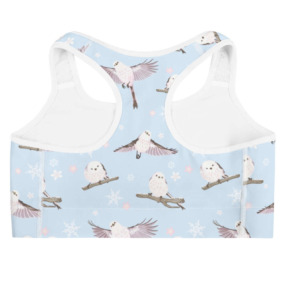 Stylish Snow Bird sports bra featuring a whimsical bird print, perfect for cute and functional gym wear.