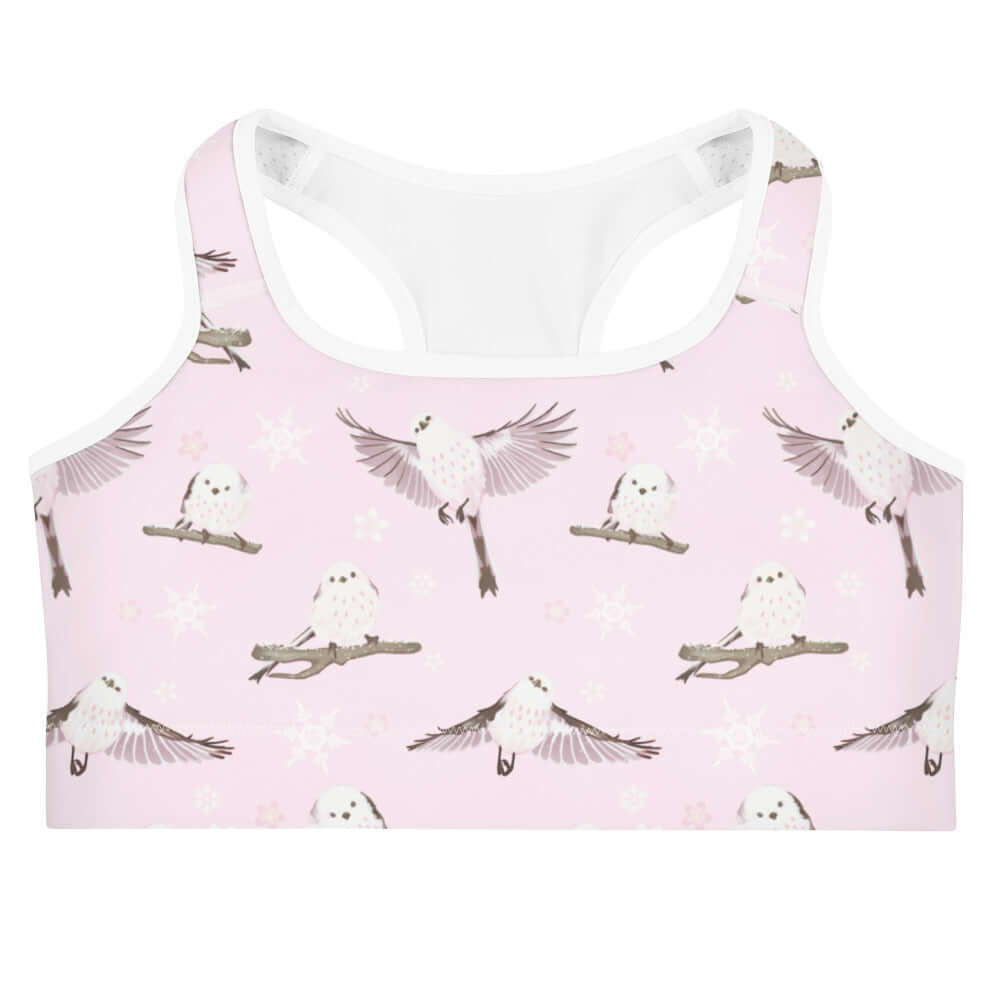 Cute and stylish Snow Bird Sports bra featuring a pink design with adorable birds, perfect for your gym wear collection.